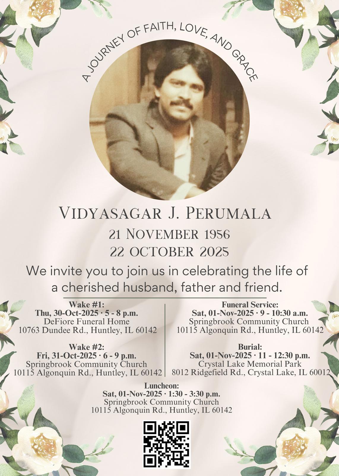 Memorial Invitation for Vidyasagar J. Perumala